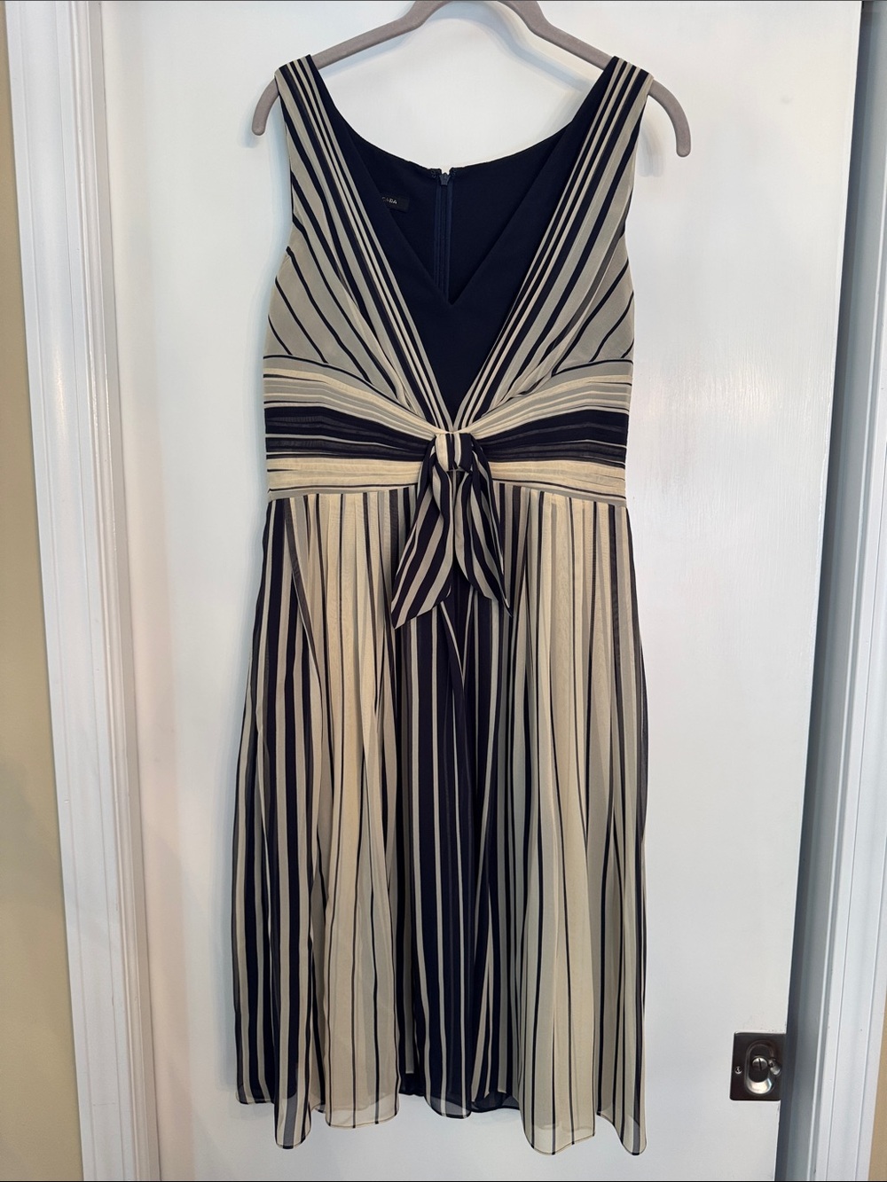 Vintage ESCADA Navy and Cream Striped V-Neck Tie-Front Midi Dress